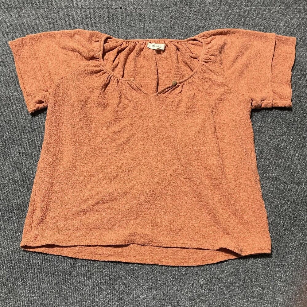 Madewell Shirt Womens Small Rust Orange Textured Split Neck Short Sleeve Boho